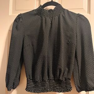 MEDIUM Monteau Los Angeles Black White Polka Dot Hi Neck Smocked